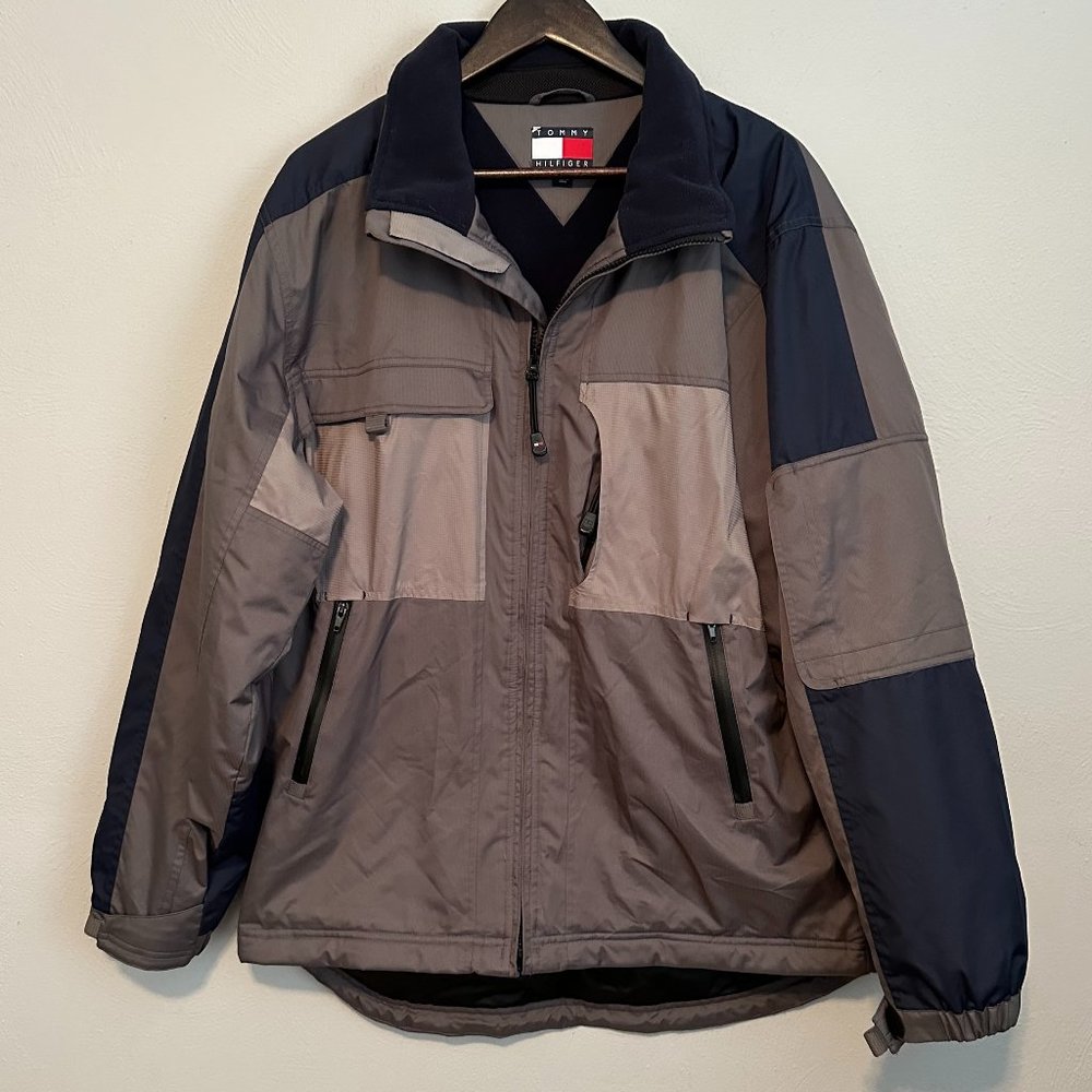 Vintage Tommy Hilfiger Men's Winter Jacket Blue and Gray Zip-Up Size Large